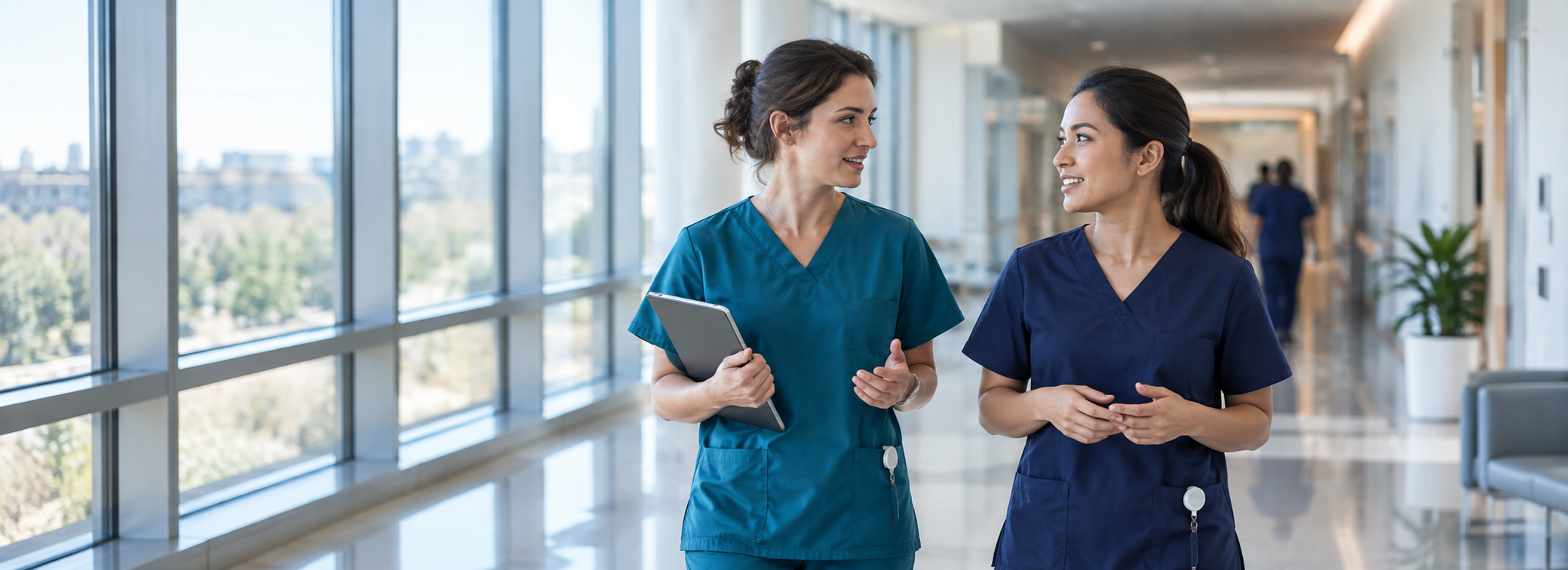 Two healthcare professionals sharing a conversation in a hospital corridor