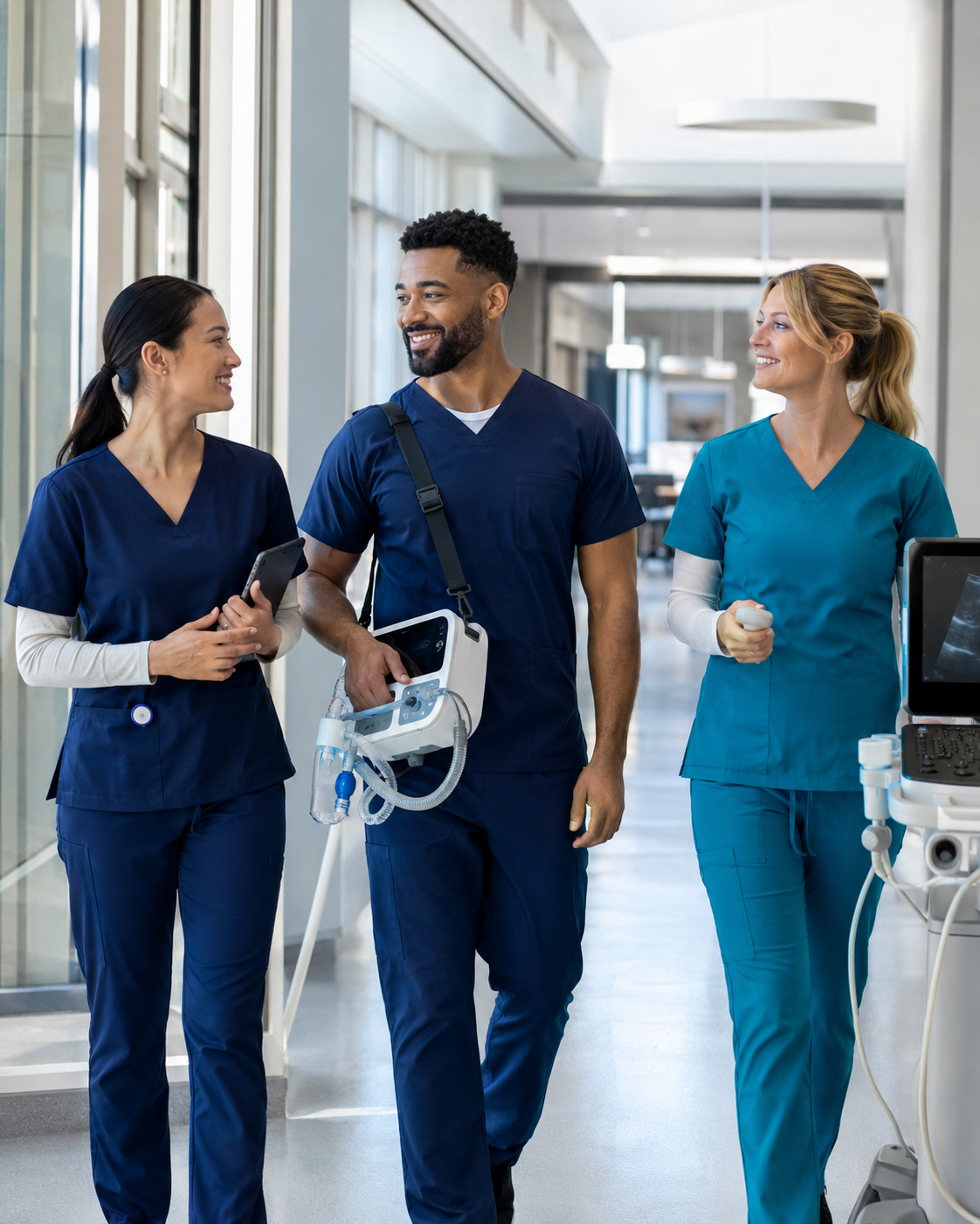 Nursing and allied health professionals walking together through a hospital